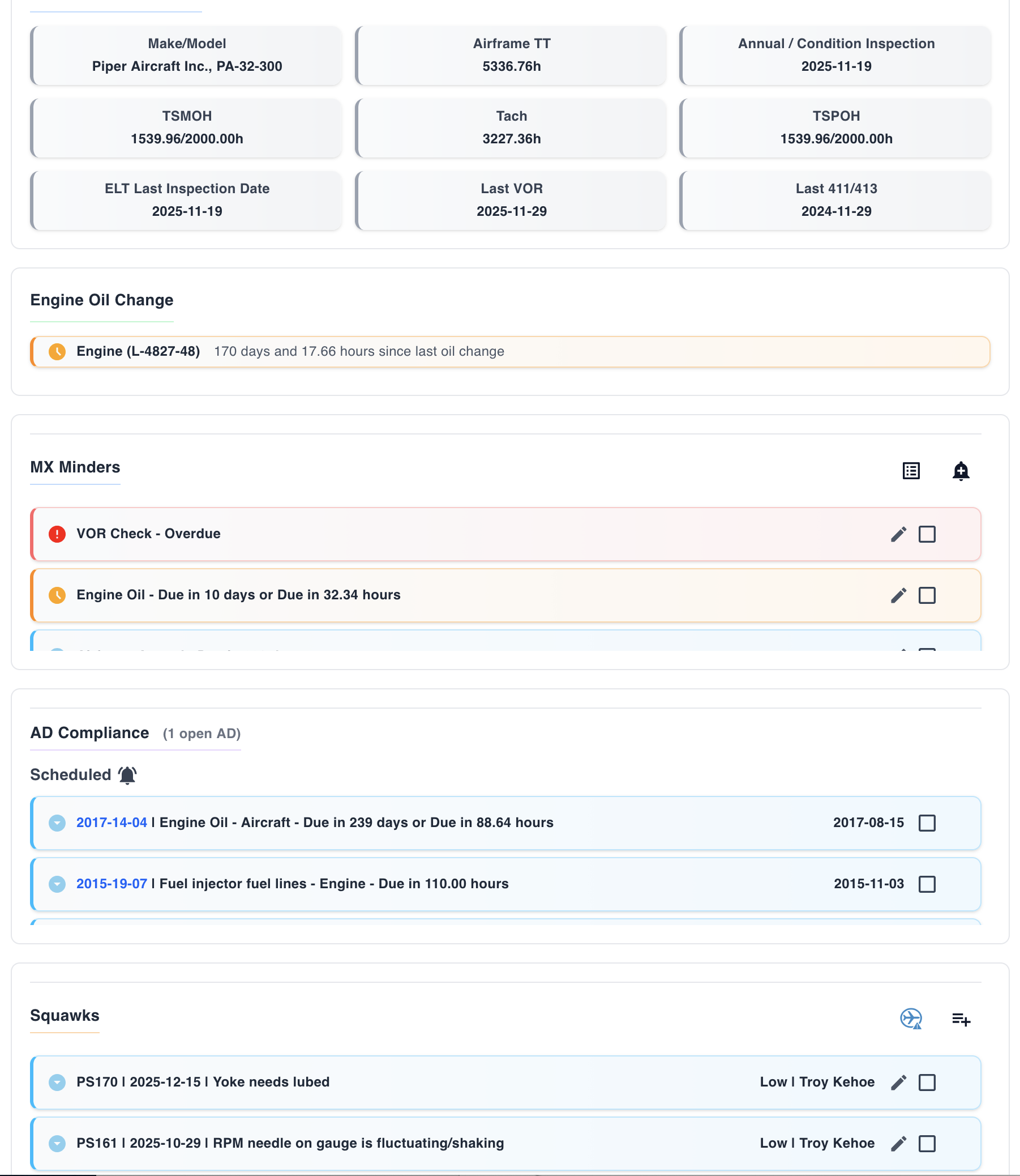 Aircraft maintenance dashboard showing inspections AD compliance and recurring maintenance